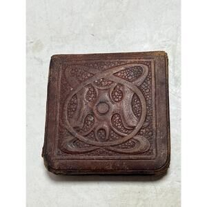 Antique Arts and Crafts Leather Advertising Pocket Mirror